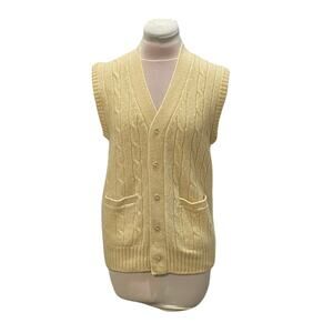 VINTAGE 60s 100% Wool Butter Yellow Cable Knit Vest MEDIUM Tennis Prep Academia